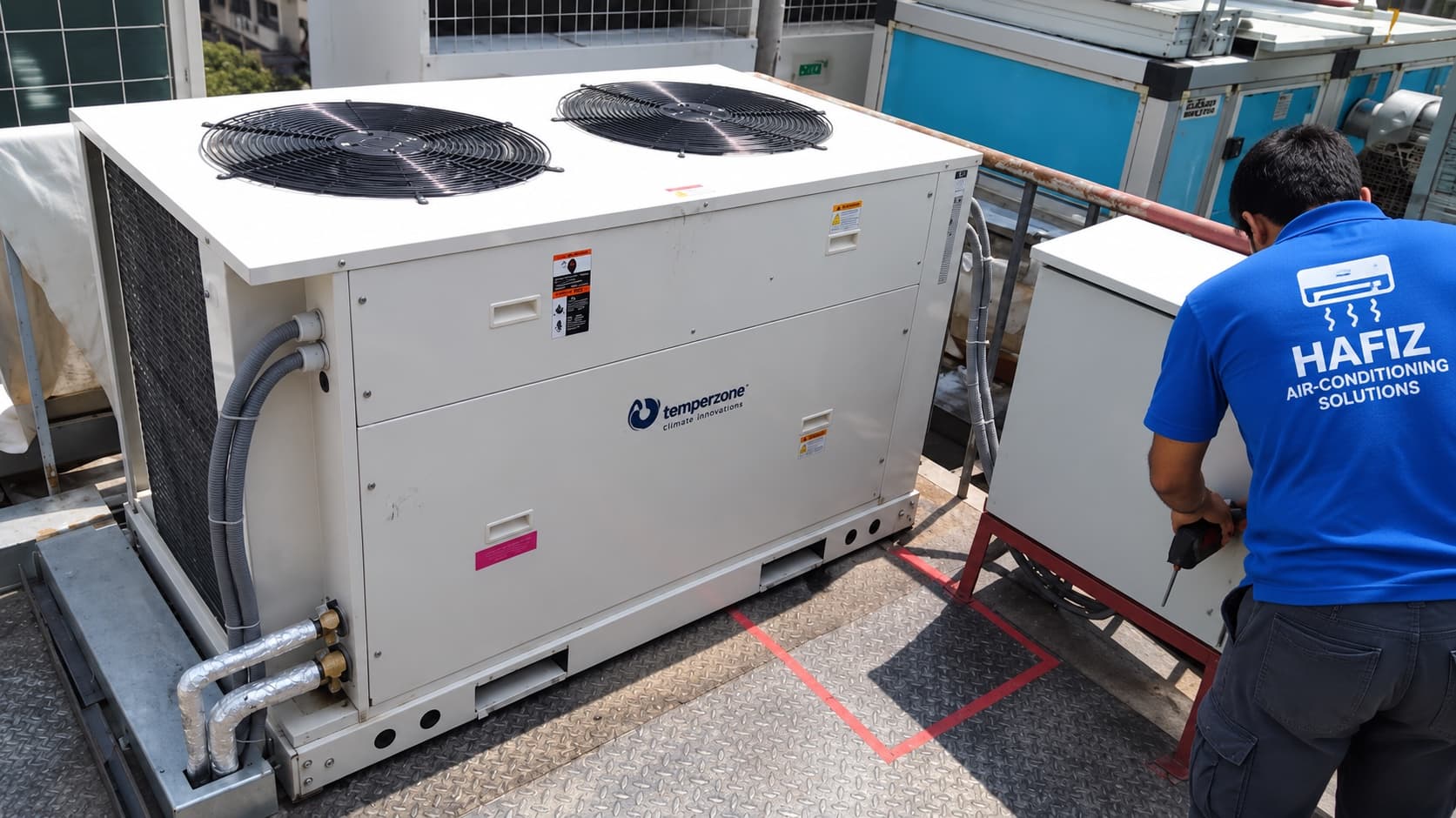 Technician working beside a packaged rooftop unit at Evacuee Trust Complex