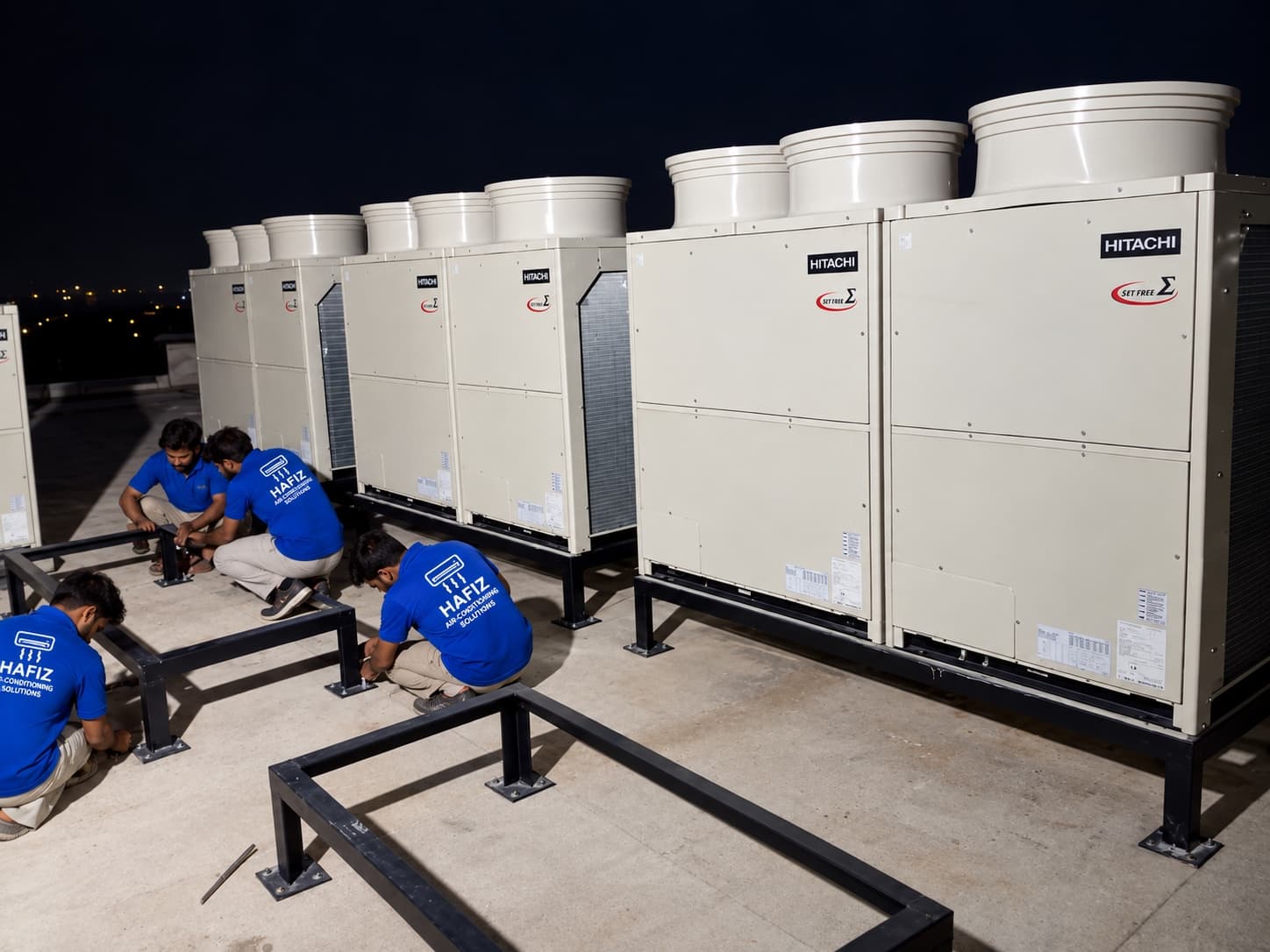Night shift installation of Hitachi VRF outdoor condensing units on rooftop frame
