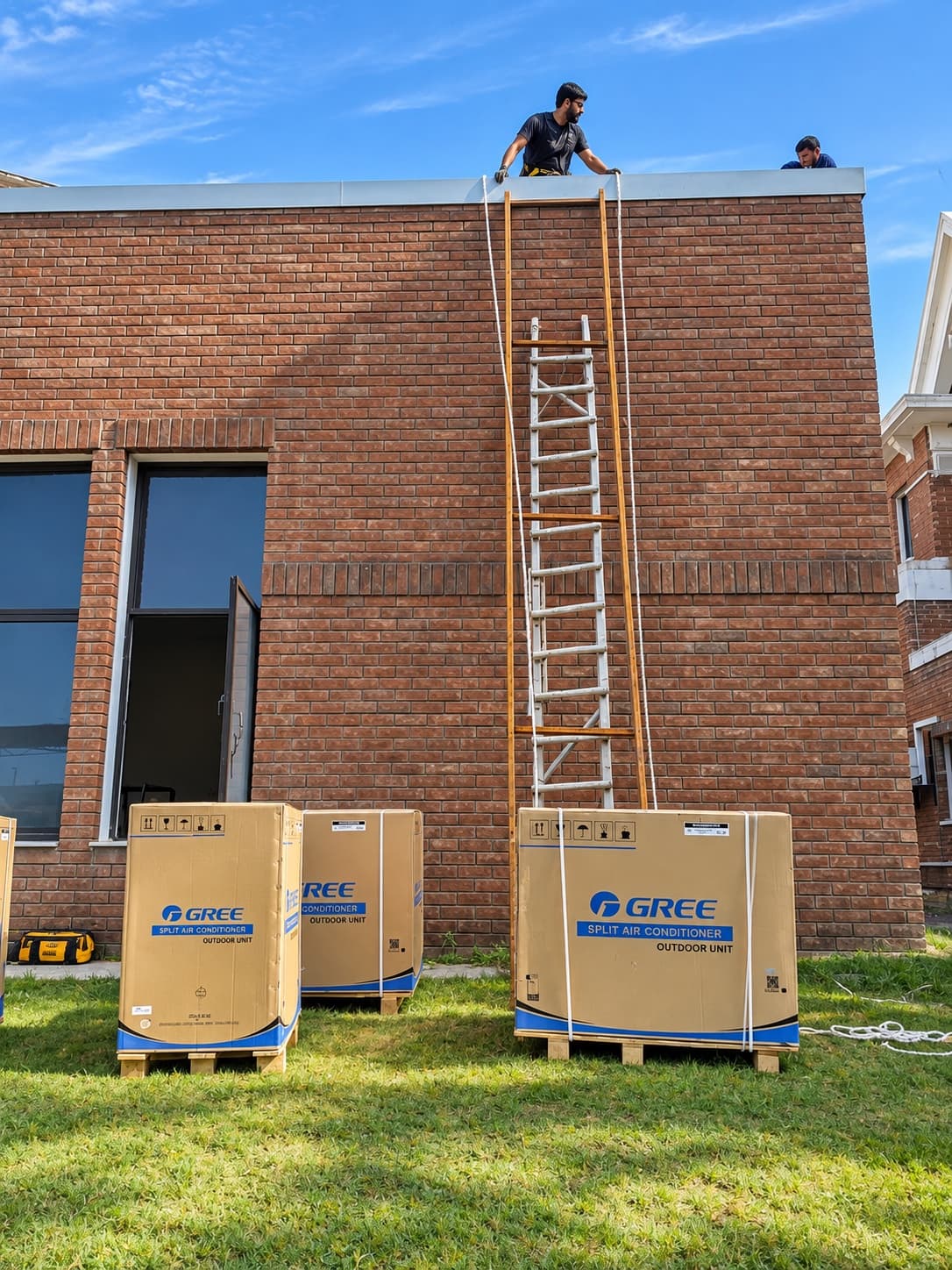 Gree outdoor units delivered to site below the roof ladder at the National Police Academy