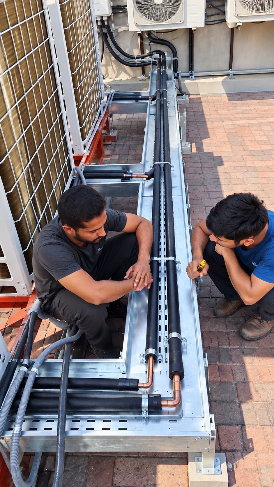 Technicians laying refrigerant piping in a tray on the rooftop at the National Police Academy