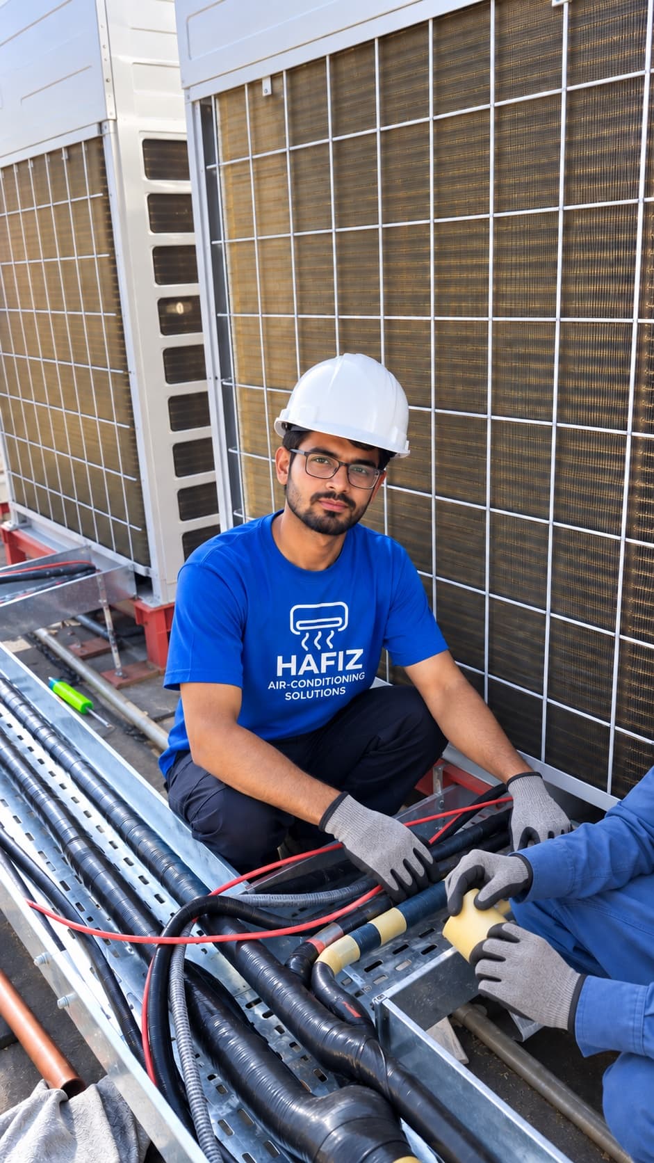 Technician connecting piping and cabling beside VRF units at the National Police Academy