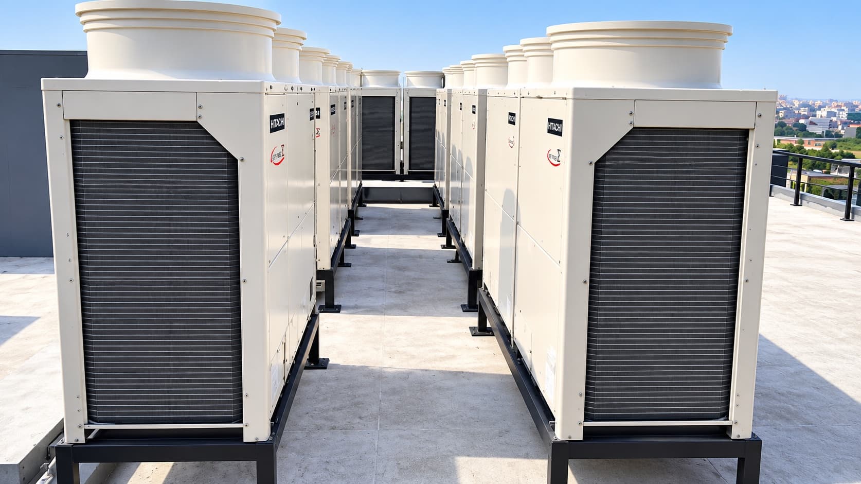 Two rows of Hitachi VRF outdoor units on steel frames either side of a rooftop walkway