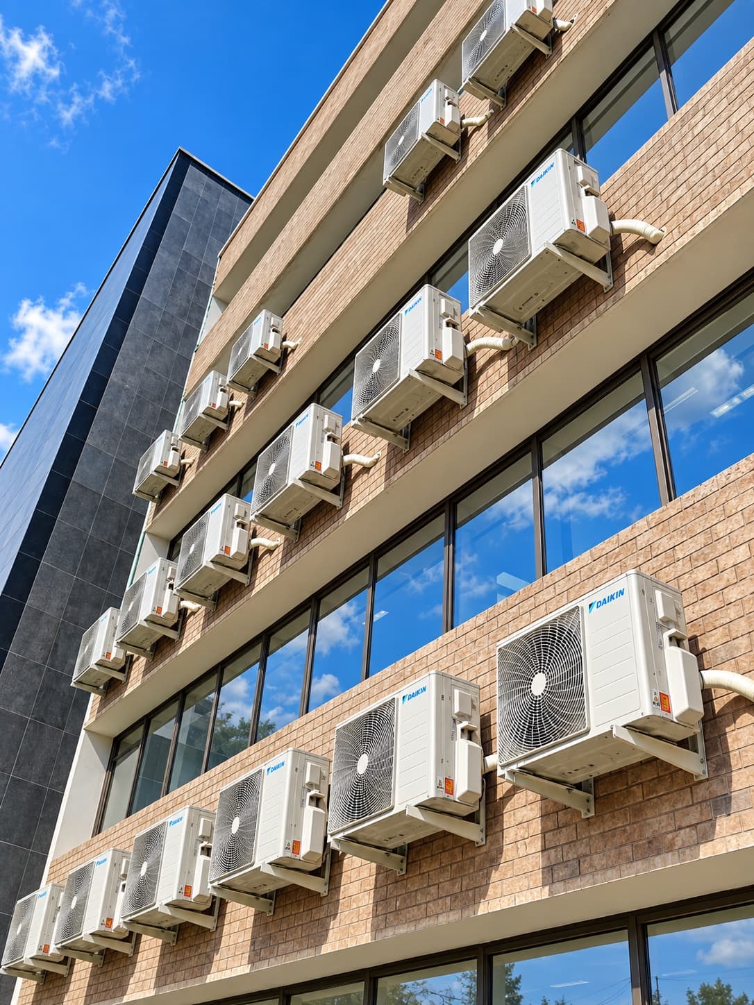Daikin outdoor units lining the facade at Kohat Institute of Medical Sciences