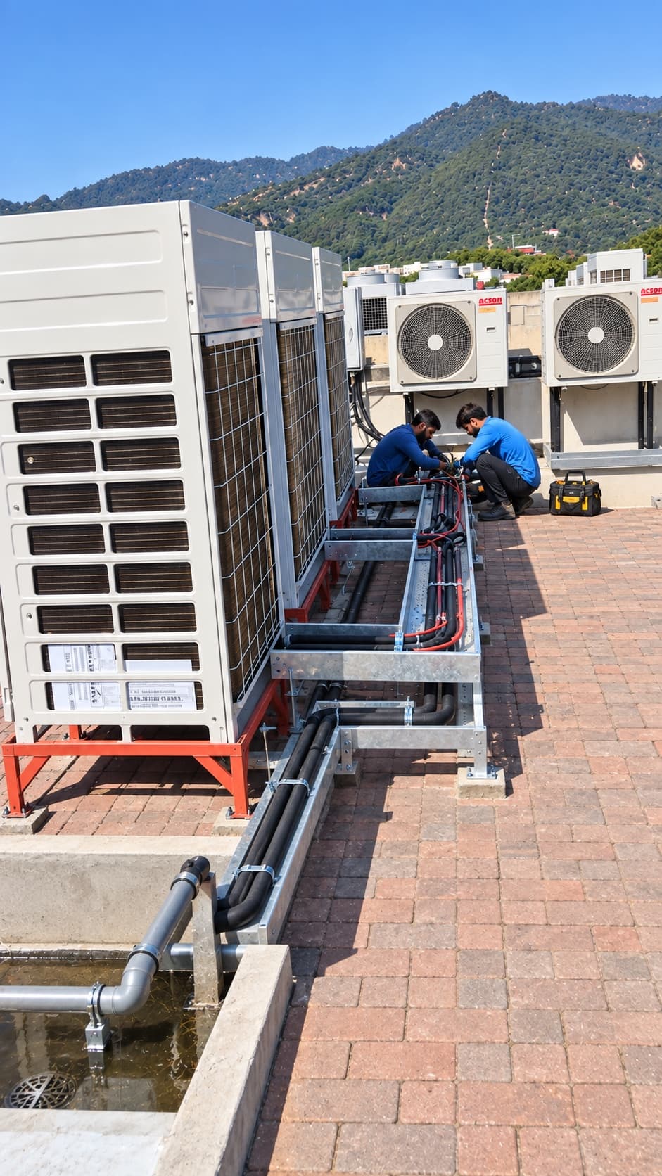 VRF outdoor units with insulated piping run across the rooftop at the National Police Academy